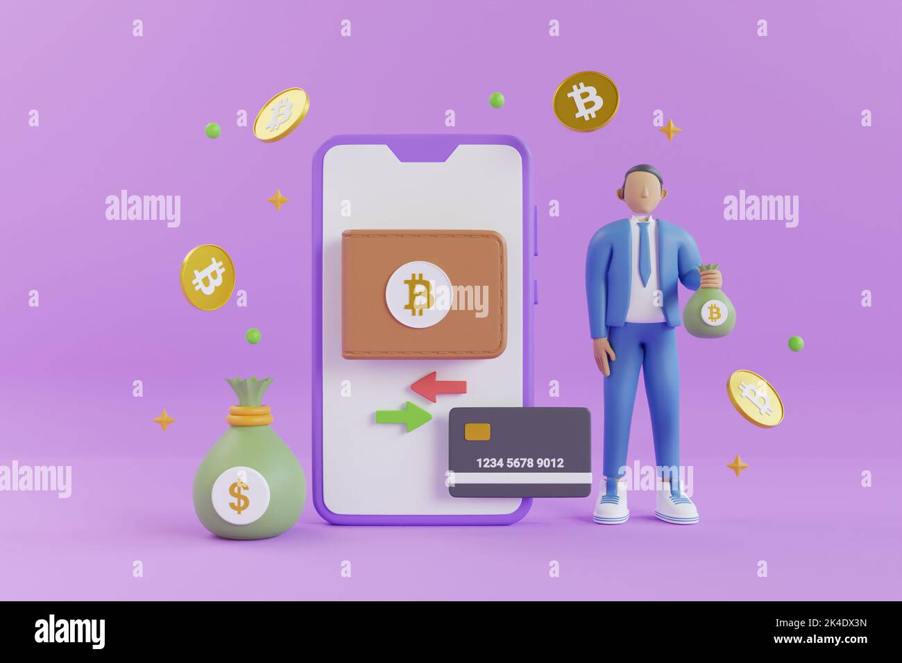 bitcoin wallet with coins and cash isolated on purple background. Trade  Bitcoin on mobile through the system Cryptocurrency. Perspective  Illustration Stock Photo - Alamy