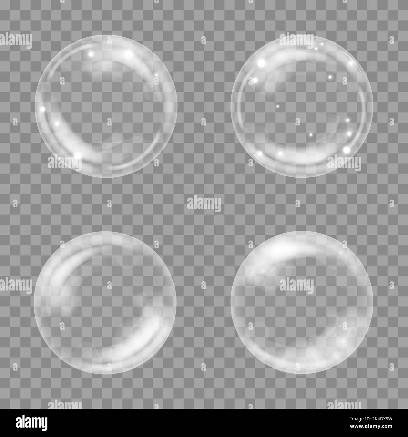 Transparent shiny foam bubbles set. Round soap bubbles collection