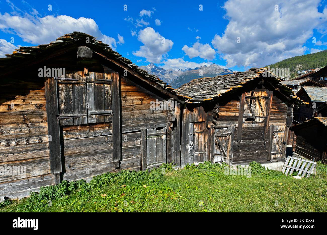 Traditional storage buildings in the mountain village of Visperterminen, Valais, Switzerland Stock Photo