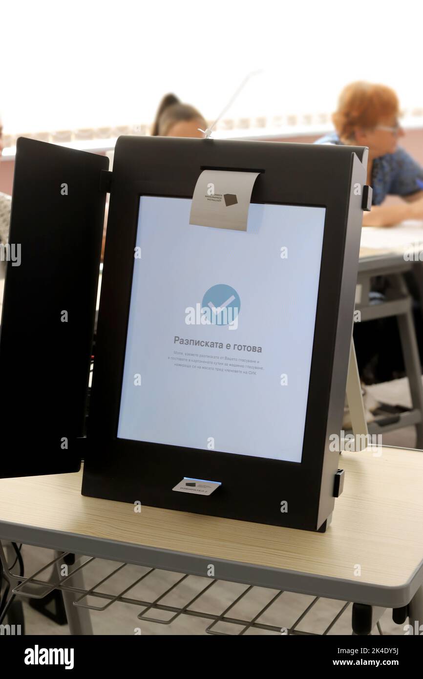 Machine voting on for Bulgarian parliamentary elections in Sofia, Bulgaria on 10/02/2022 Stock Photo