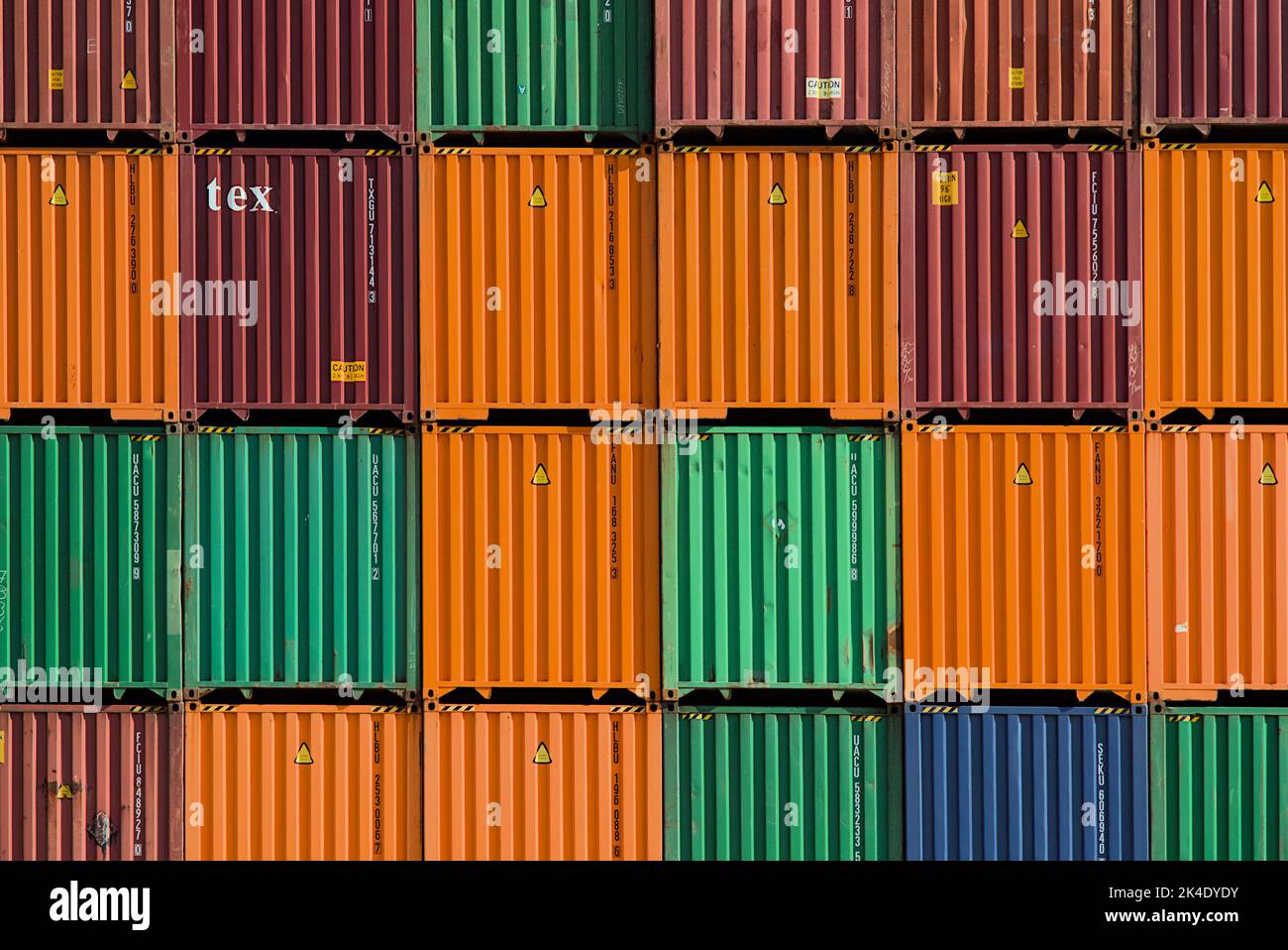 Orderly Stacked Shipping Containers On The Docks, Southampton UK Stock Photo