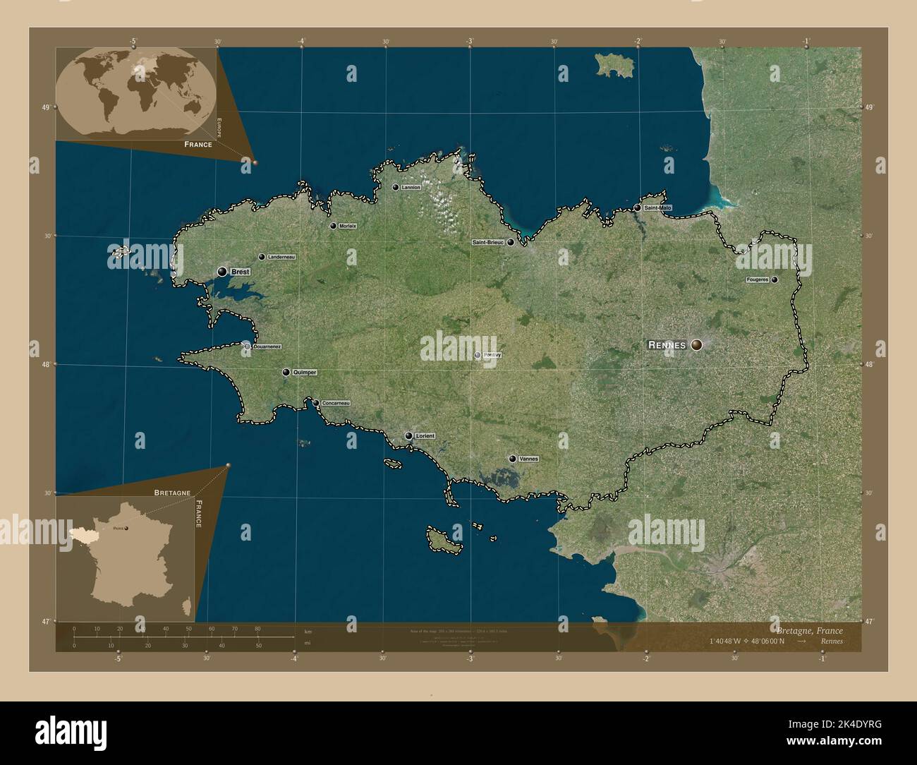 Bretagne, region of France. Low resolution satellite map. Locations and names of major cities of Bretagne, region of France. Low resolution satellite map. Locations and names of major cities of