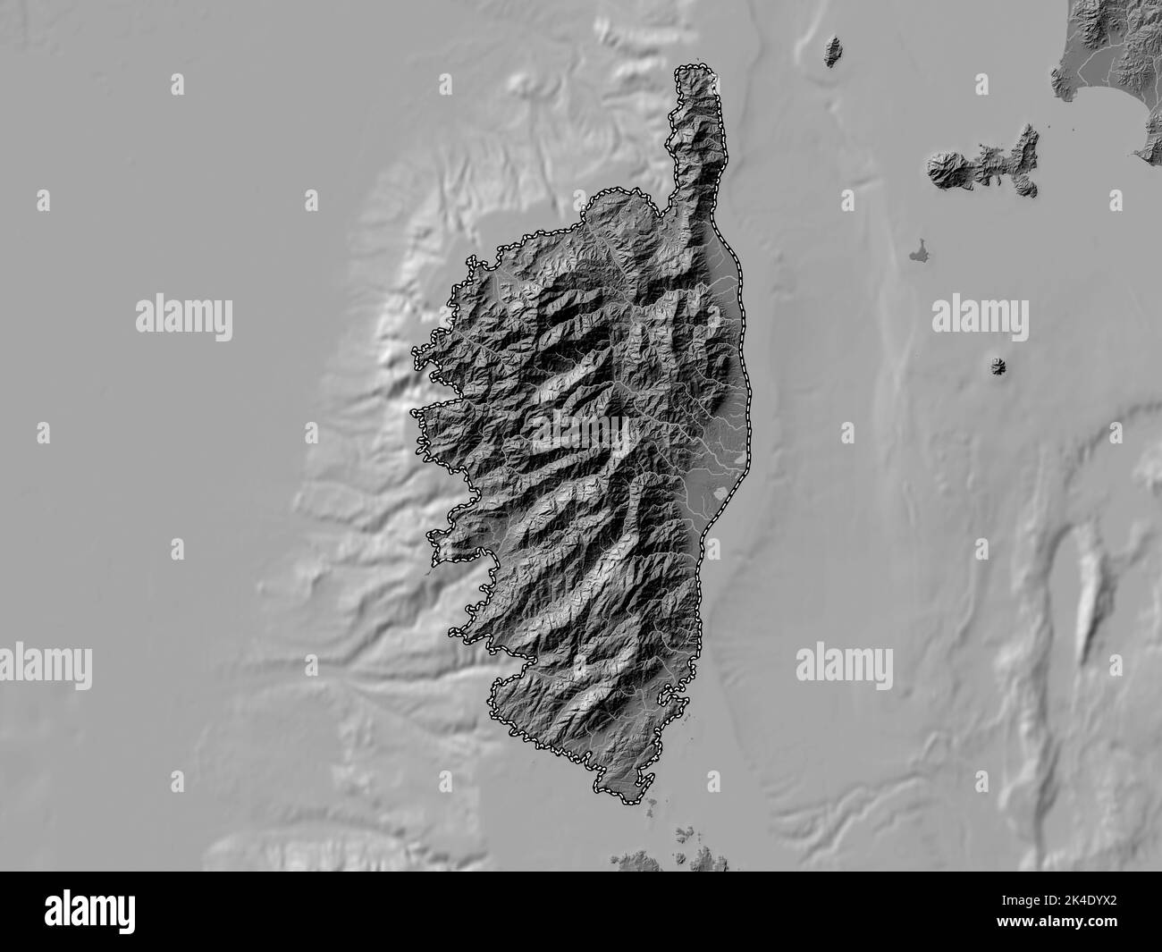 Corse, region of France. Bilevel elevation map with lakes and rivers