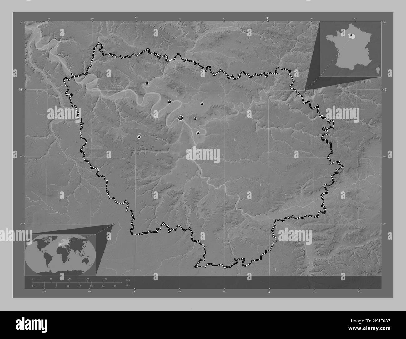 IledeFrance, region of France. Grayscale elevation map with lakes and rivers. Locations of