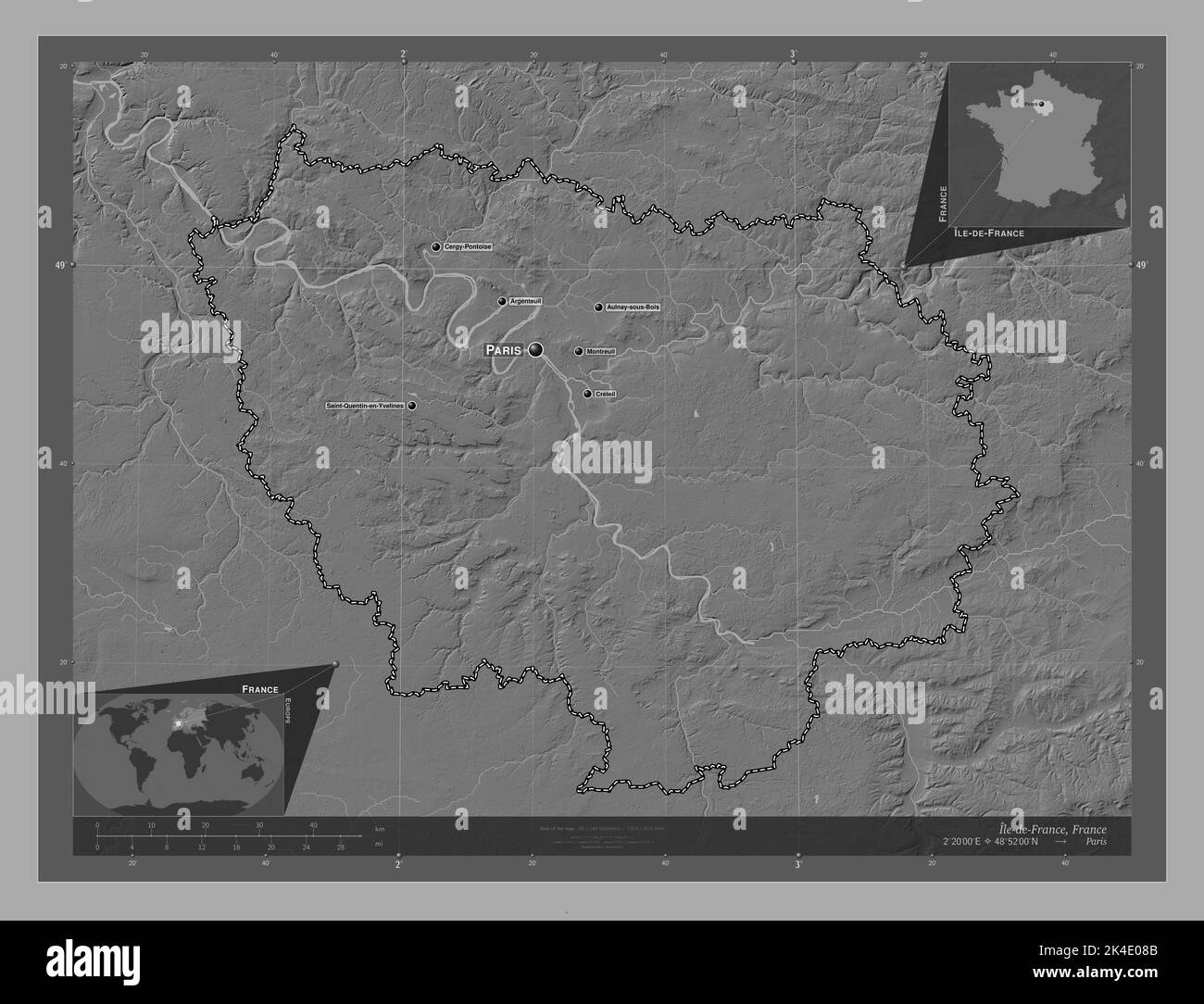 IledeFrance, region of France. Bilevel elevation map with lakes and