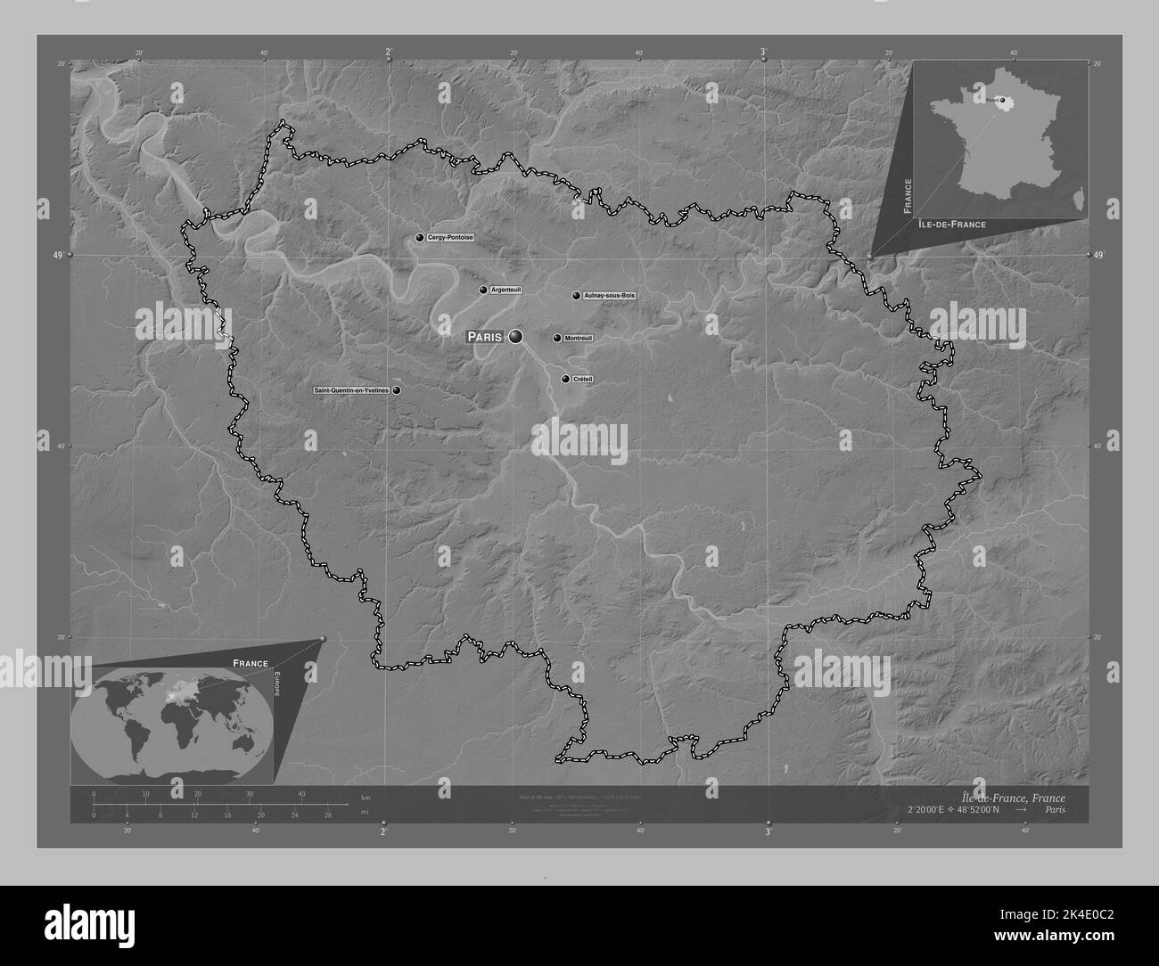 IledeFrance, region of France. Grayscale elevation map with lakes and