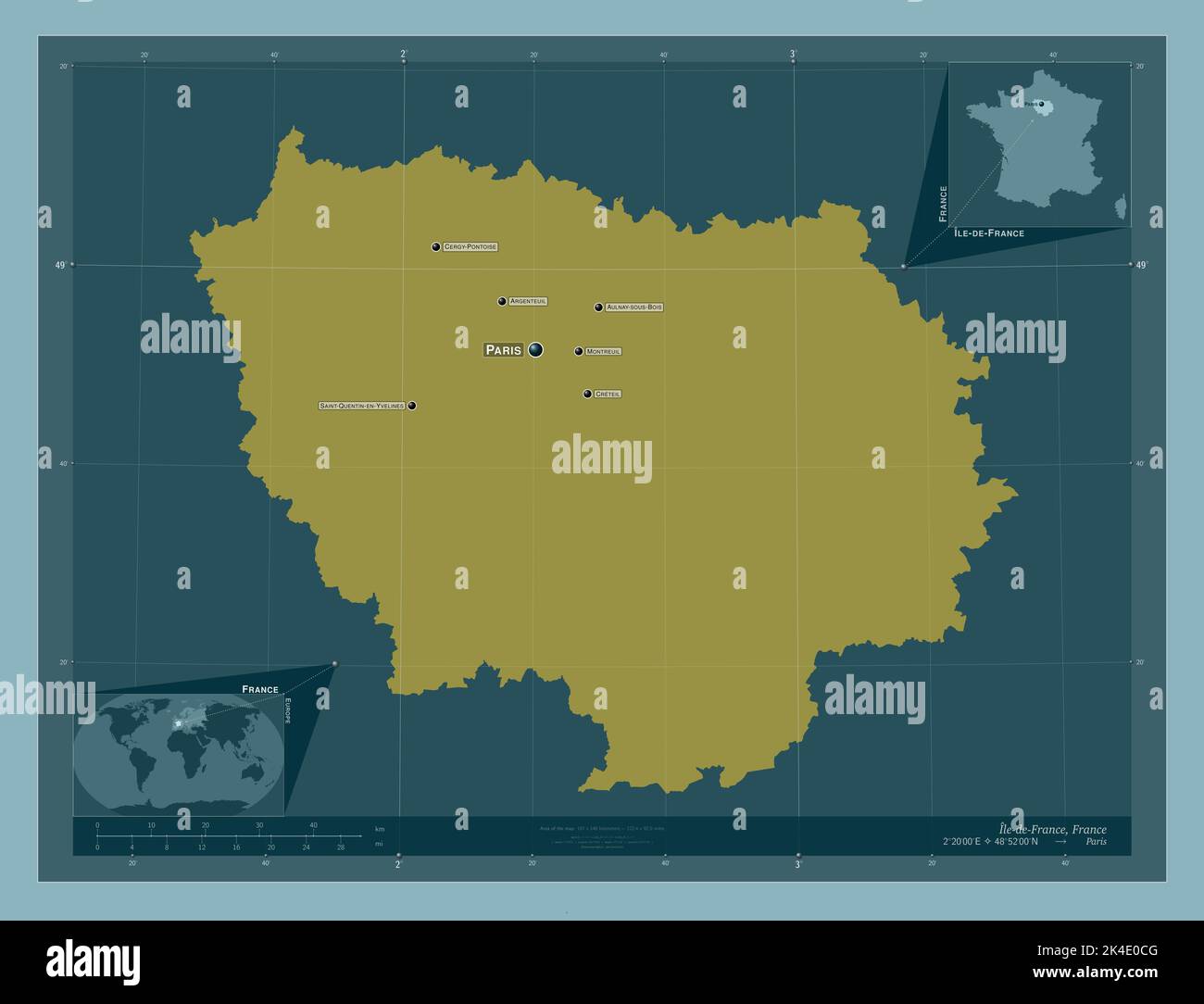 Ile-de-France, region of France. Solid color shape. Locations and names ...