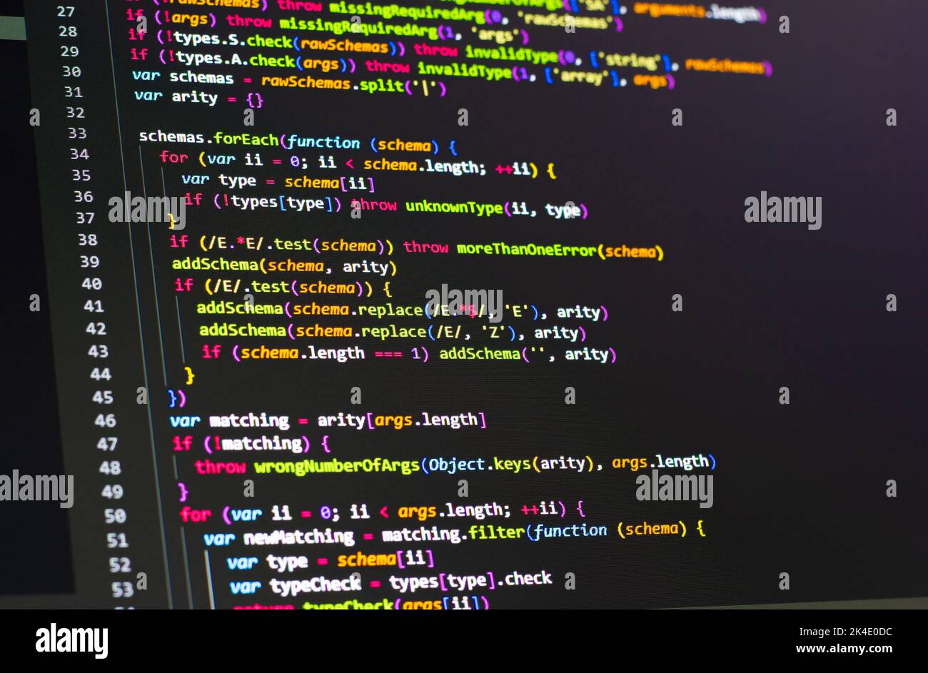 Compressed colorful Code background. Web programming with Javascript coding Stock Photo