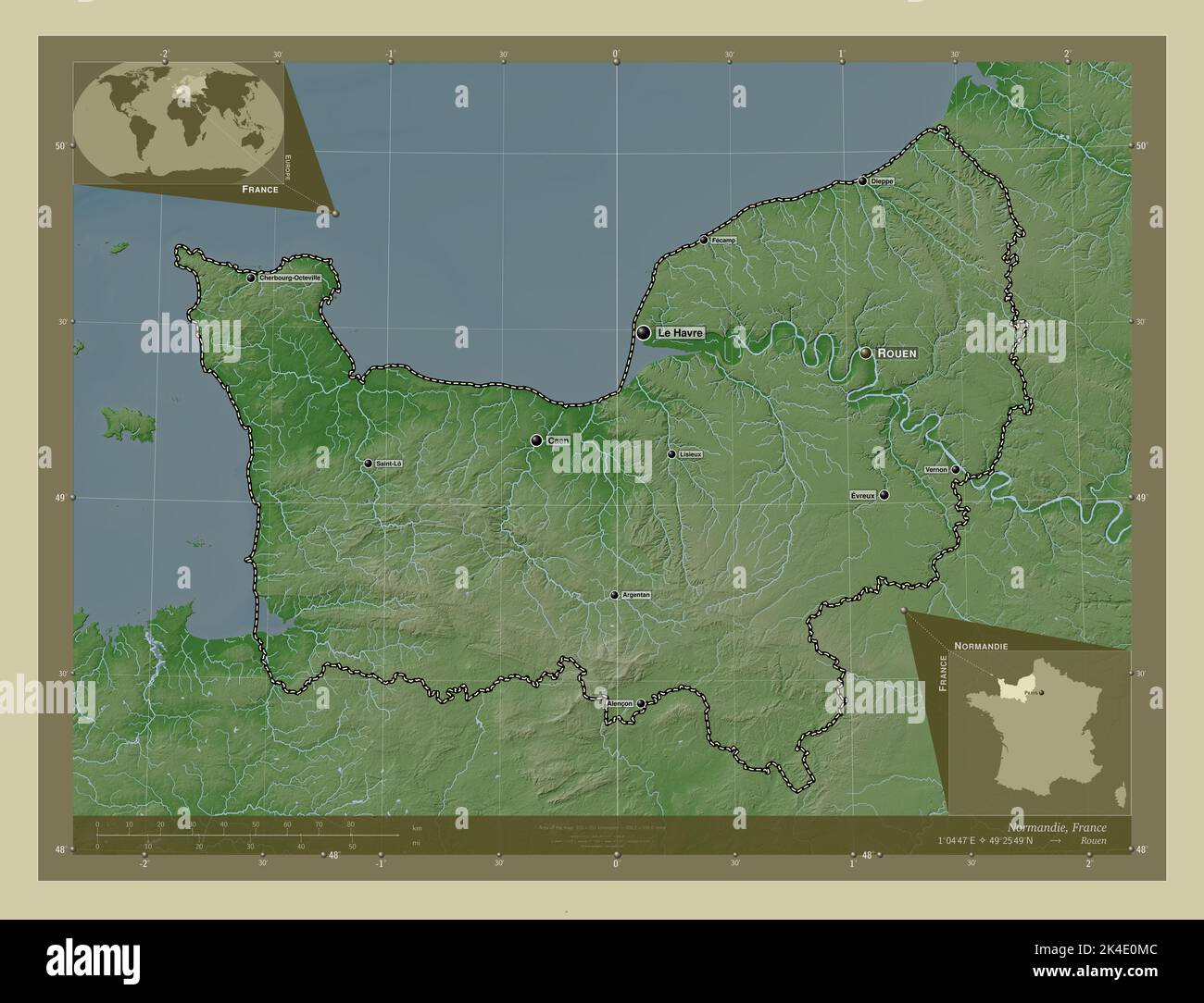 Normandie region of France Elevation - Normandie Region Of France Elevation Map Colored In Wiki Style With Lakes And Rivers Locations And Names Of Major Cities Of The Region Corner Auxi 2K4E0MC 