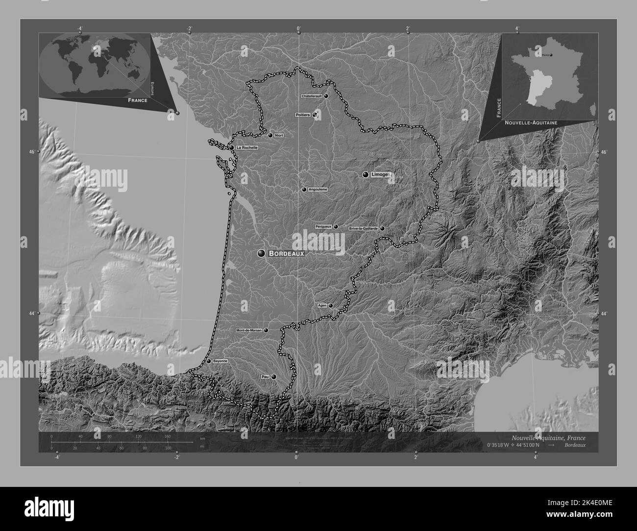 NouvelleAquitaine, region of France. Bilevel elevation map with lakes