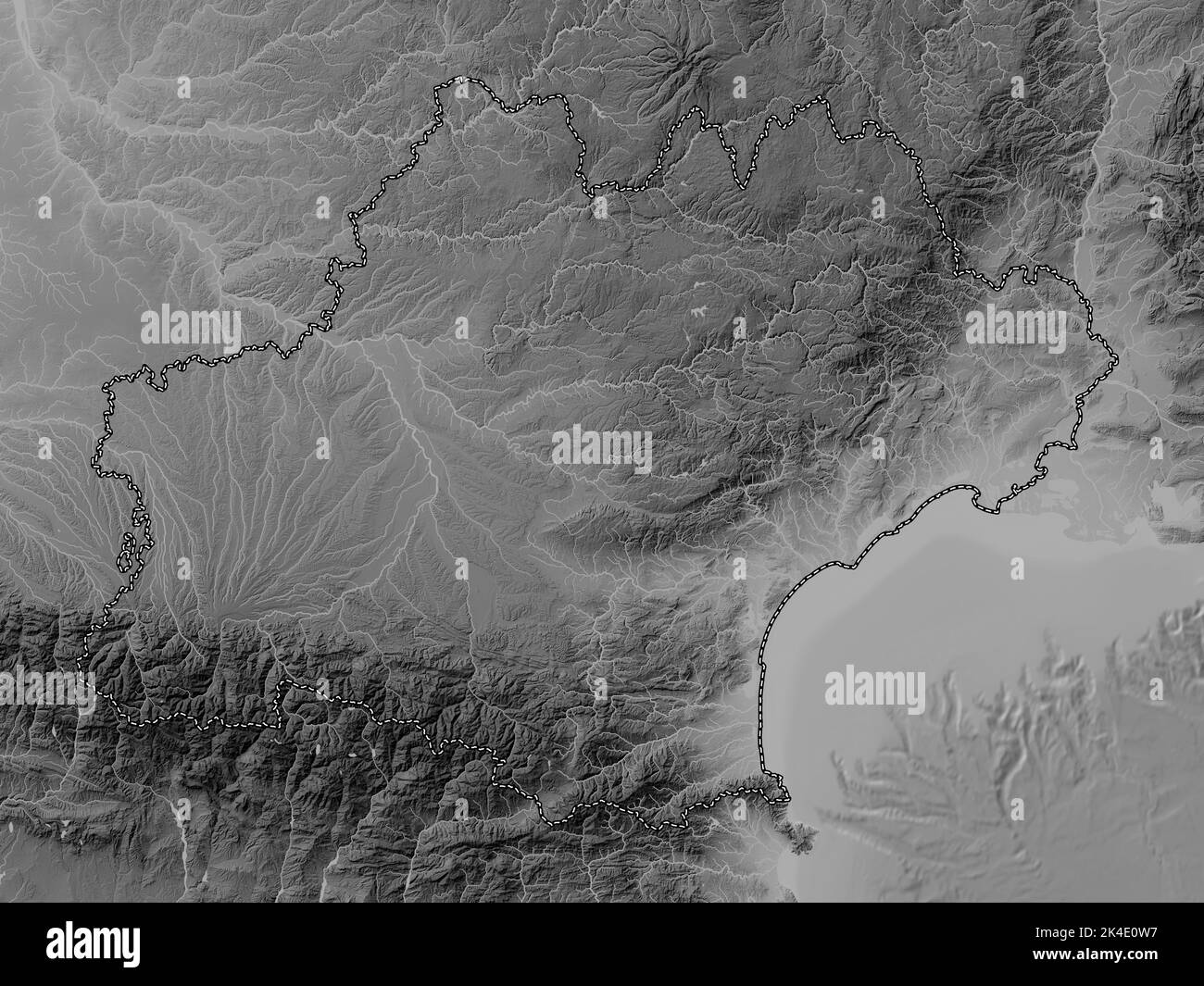 Occitanie, region of France. Grayscale elevation map with lakes and rivers Stock Photo