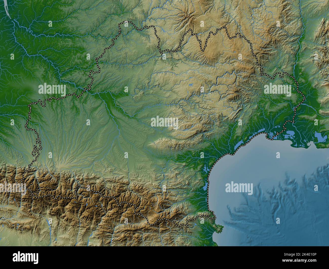 Occitanie, region of France. Colored elevation map with lakes and