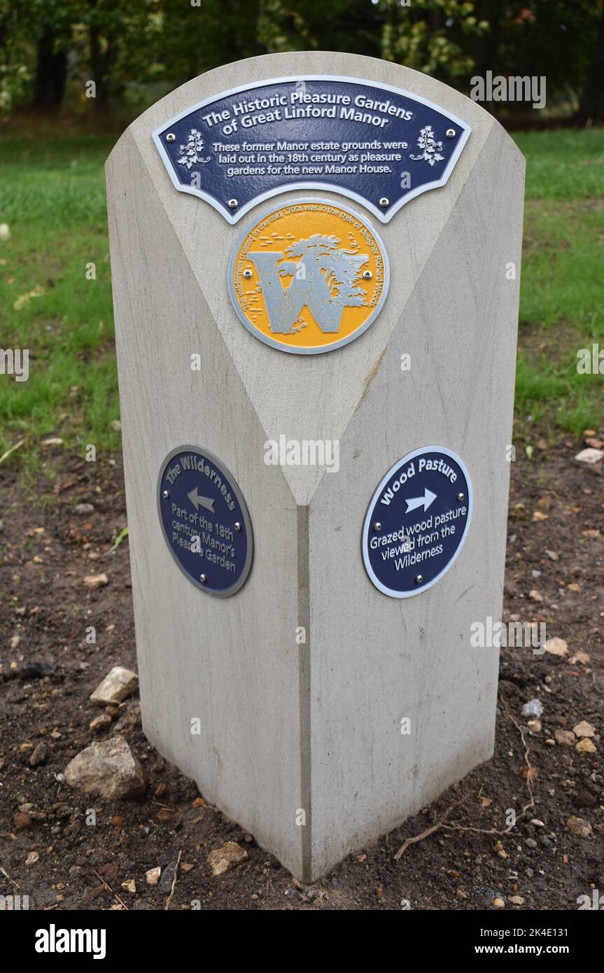 A post giving directions at The Historic Pleasure Gardens of Great