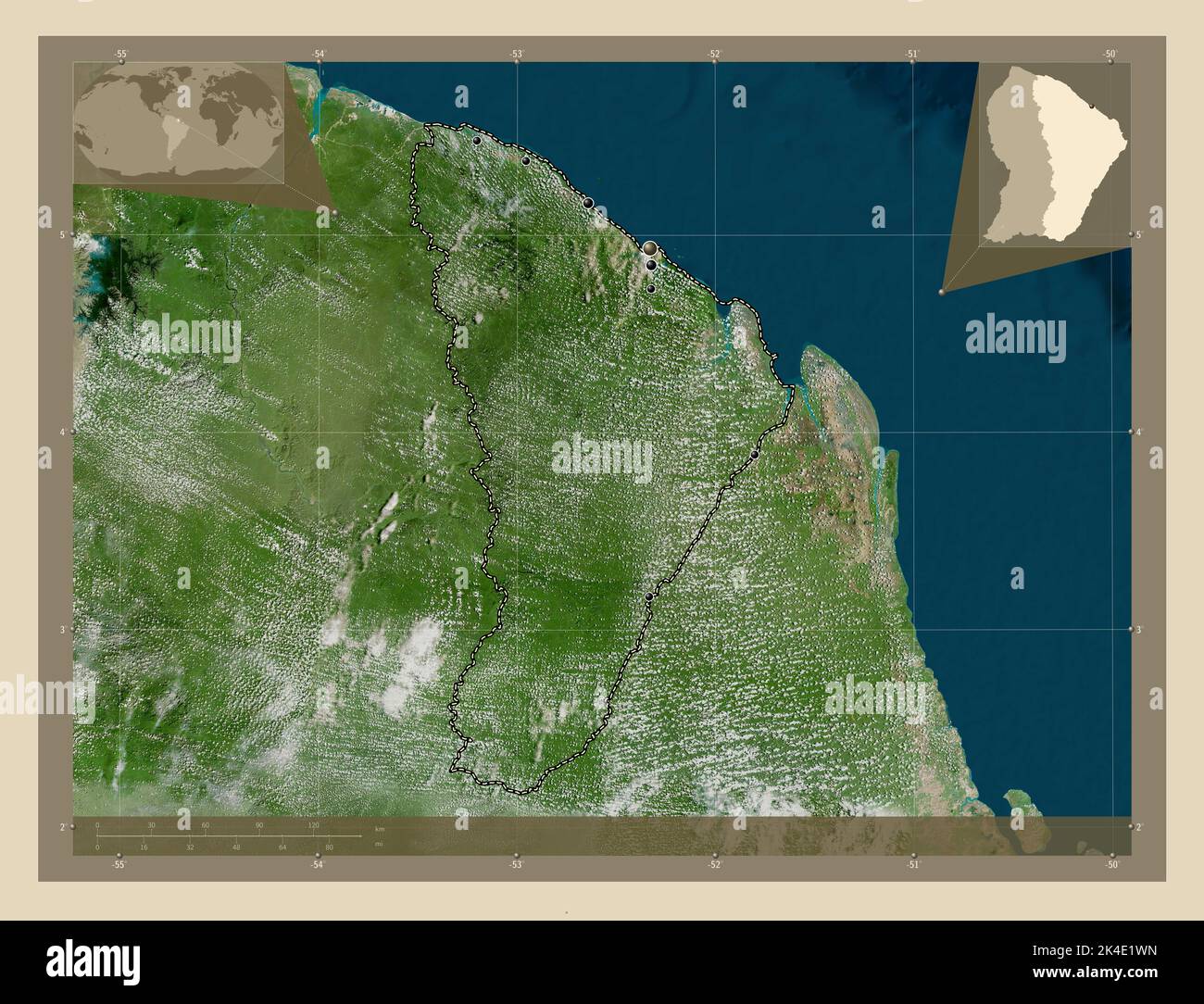 Cayenne, arrondissement of French Guiana. High resolution satellite map