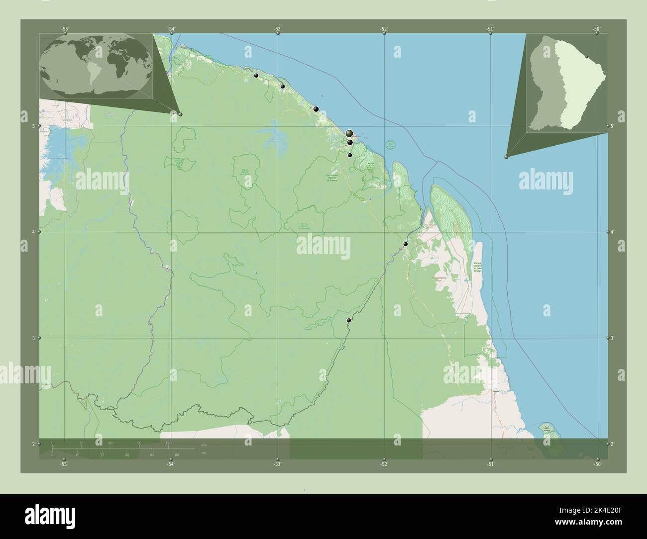 Cayenne, arrondissement of French Guiana. Open Street Map. Locations of
