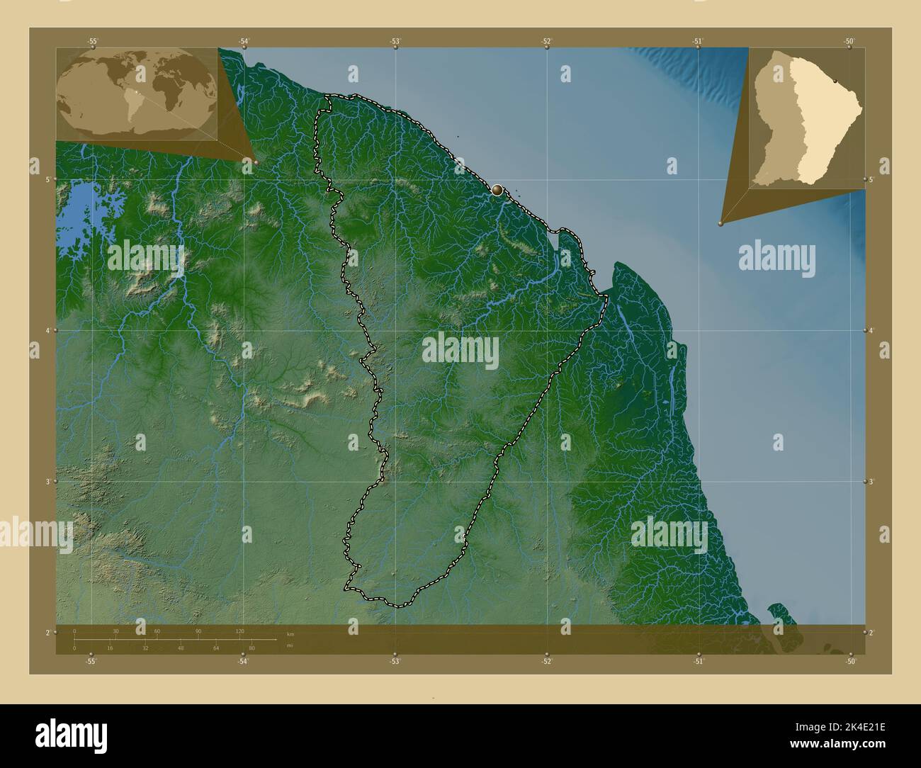 Cayenne, arrondissement of French Guiana. Colored elevation map with