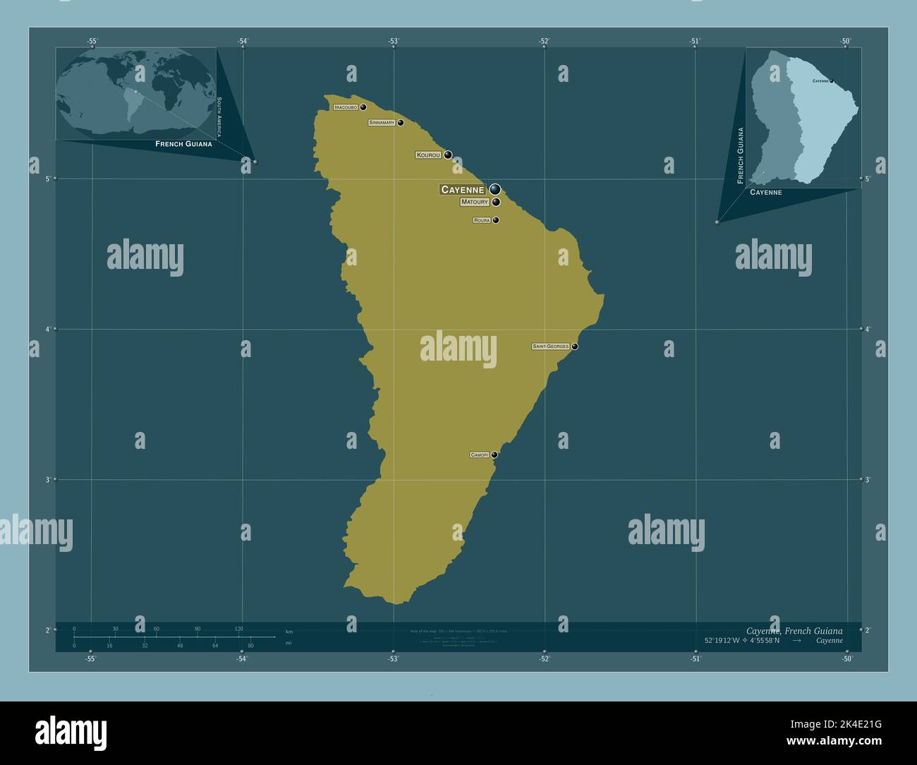 Cayenne, arrondissement of French Guiana. Solid color shape. Locations