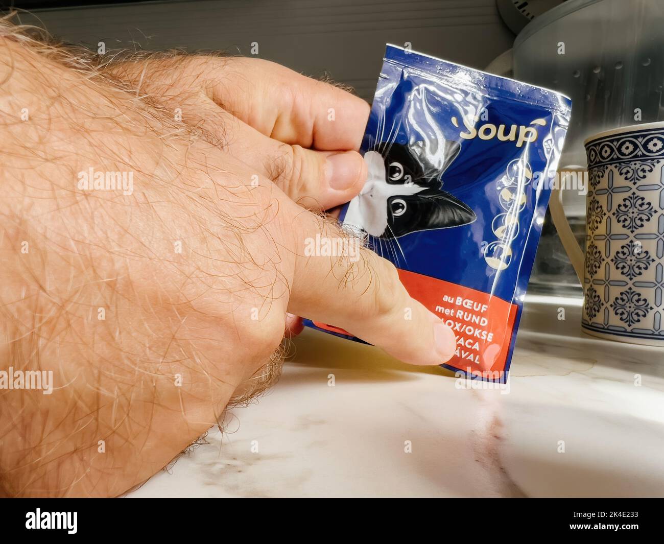 Paris, France - Sep 13, 2022: POV male hand holding pouch with Felix wet cat food beef taste - modern kitchen background preparing to feed the pet cat animal Stock Photo