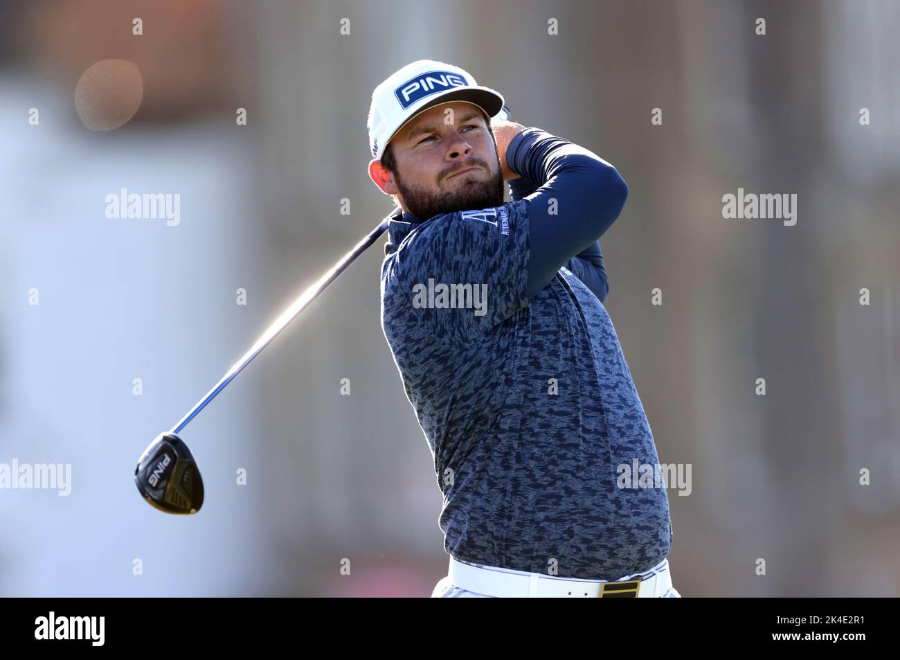 Tyrrell Hatton tees off on the second during day four of the Alfred