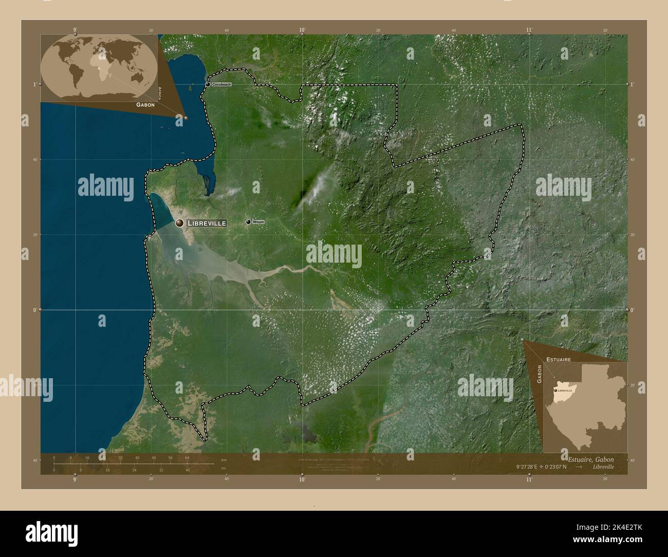 Estuaire, province of Gabon. Low resolution satellite map. Locations
