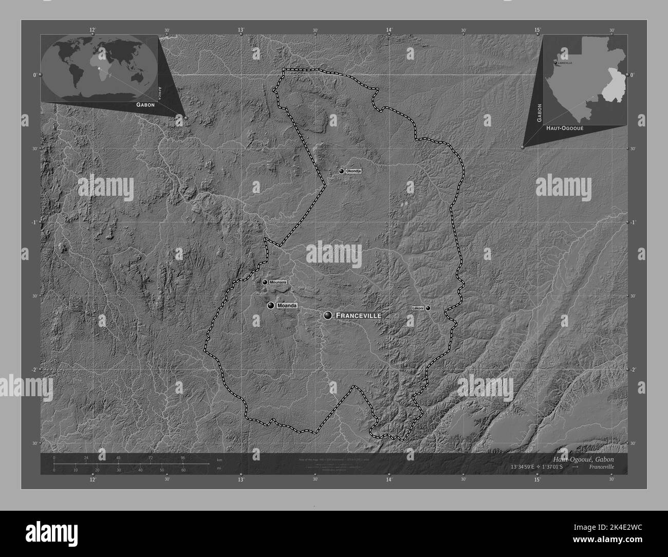 Haut-Ogooue, province of Gabon. Bilevel elevation map with lakes and