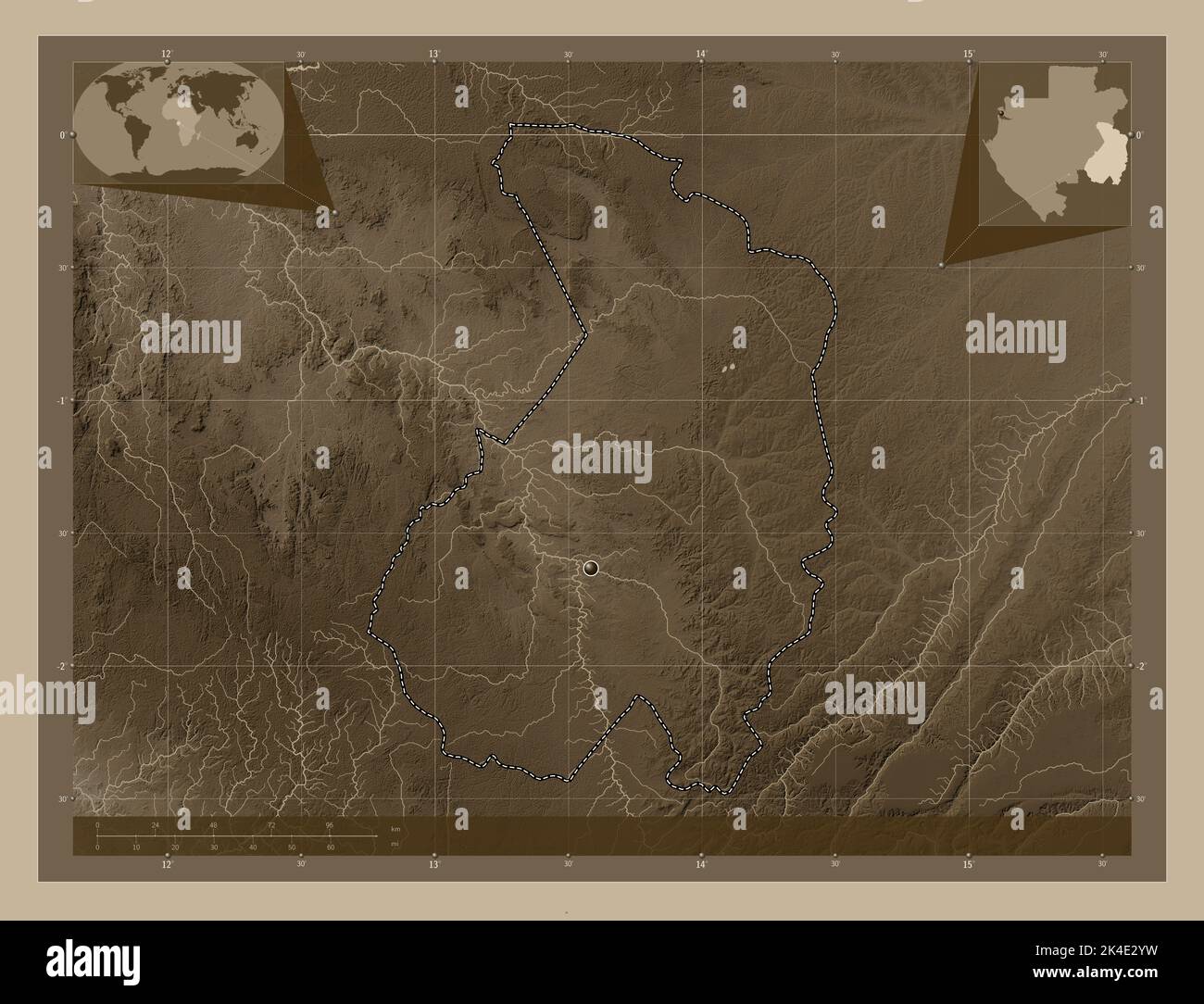 Haut-Ogooue, province of Gabon. Elevation map colored in sepia tones