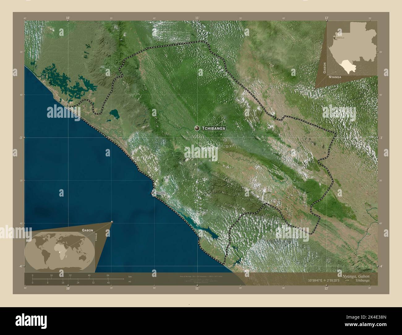 Nyanga, province of Gabon. High resolution satellite map. Locations and