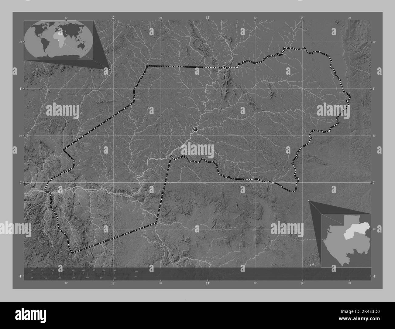 Ogooue-Ivindo, province of Gabon. Grayscale elevation map with lakes ...
