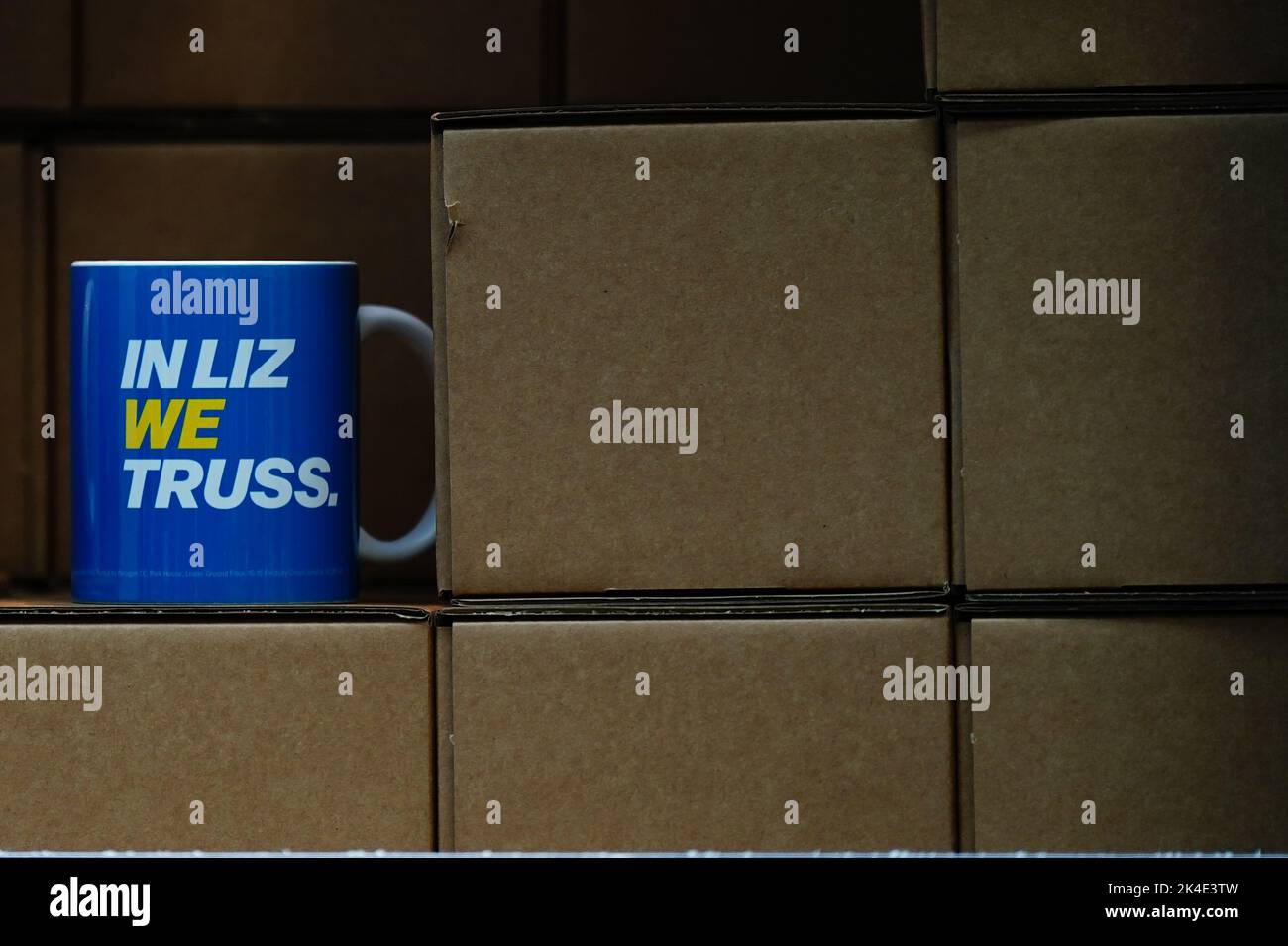 An 'In Liz We Truss' mug on sale during the Conservative Party annual conference at the International Convention Centre in Birmingham. Picture date: Sunday October 2, 2022. Stock Photo