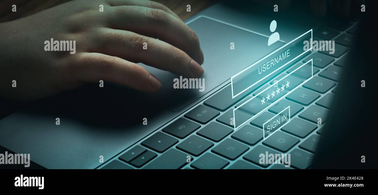 Banner of woman using laptop with VR interface on keyboard. Secure access to user's personal information. Sign in with username and password. Stock Photo