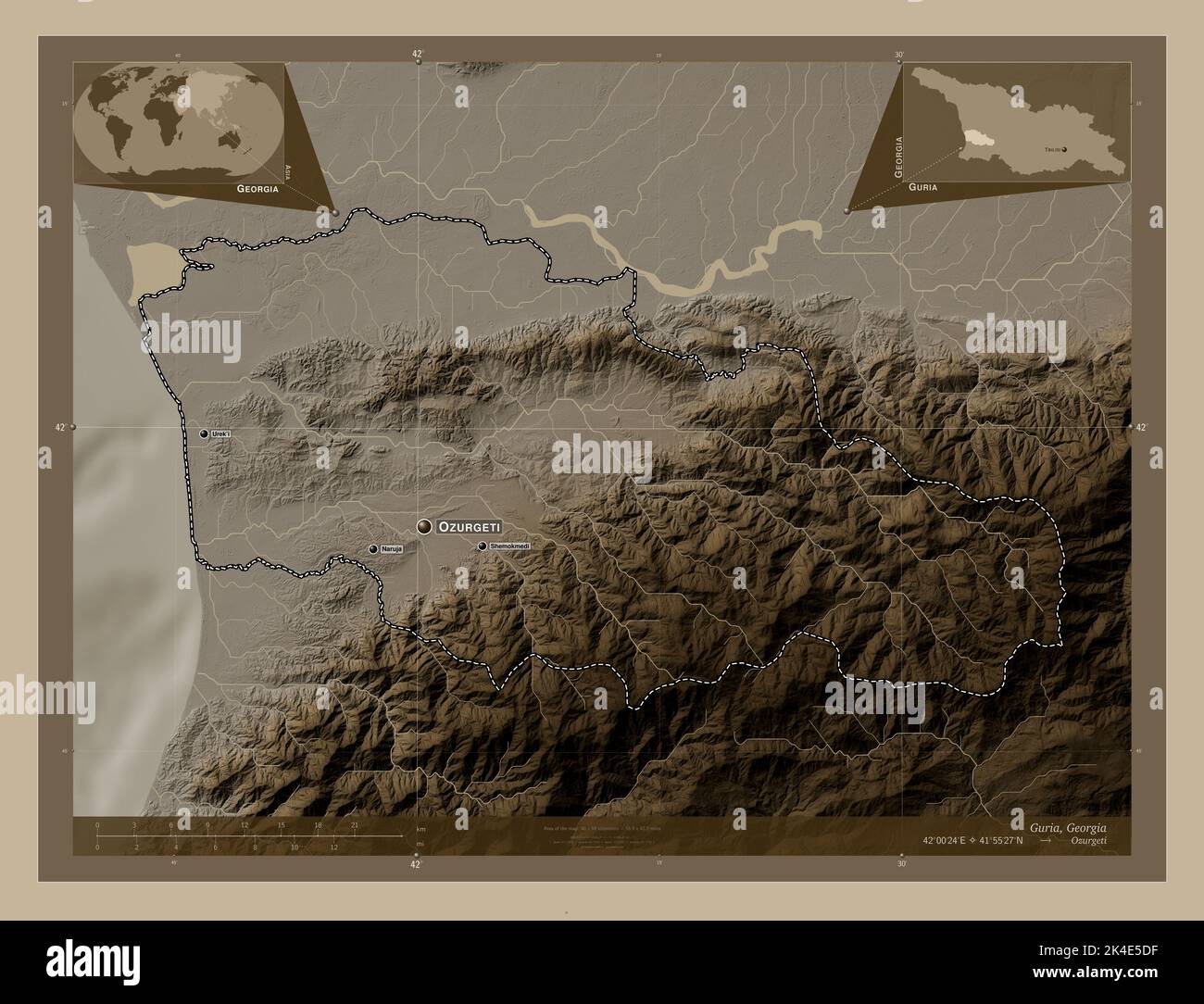 Guria, region of Georgia. Elevation map colored in sepia tones with lakes and rivers. Locations and names of major cities of the region. Corner auxili Stock Photo