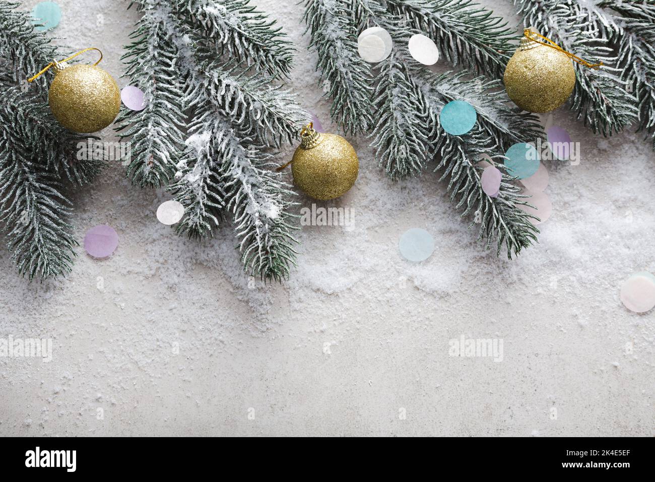Overhead view of green branches Christmas decorations concept Stock Photo