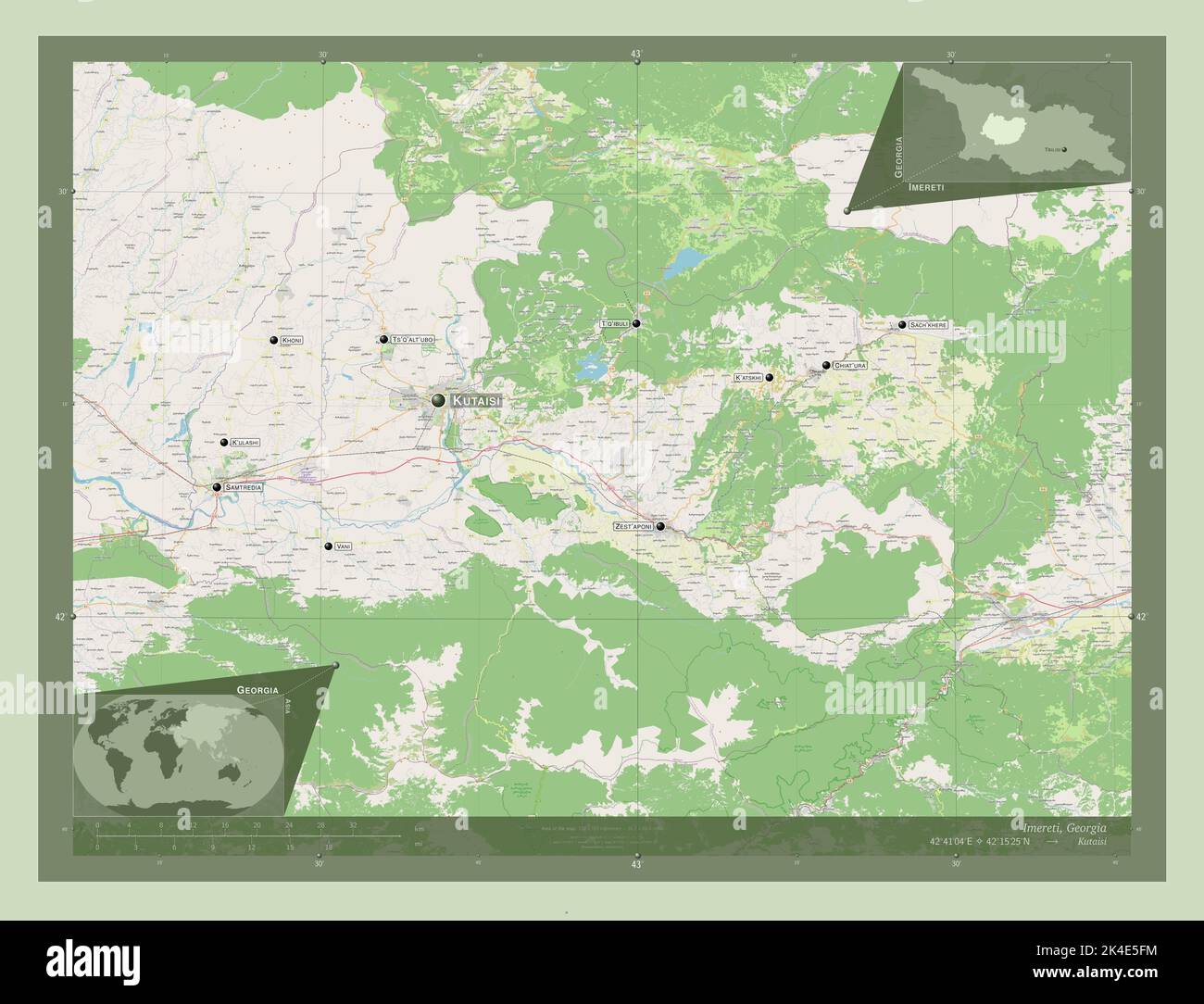 Imereti, region of Georgia. Open Street Map. Locations and names of major cities of the region. Corner auxiliary location maps Stock Photo