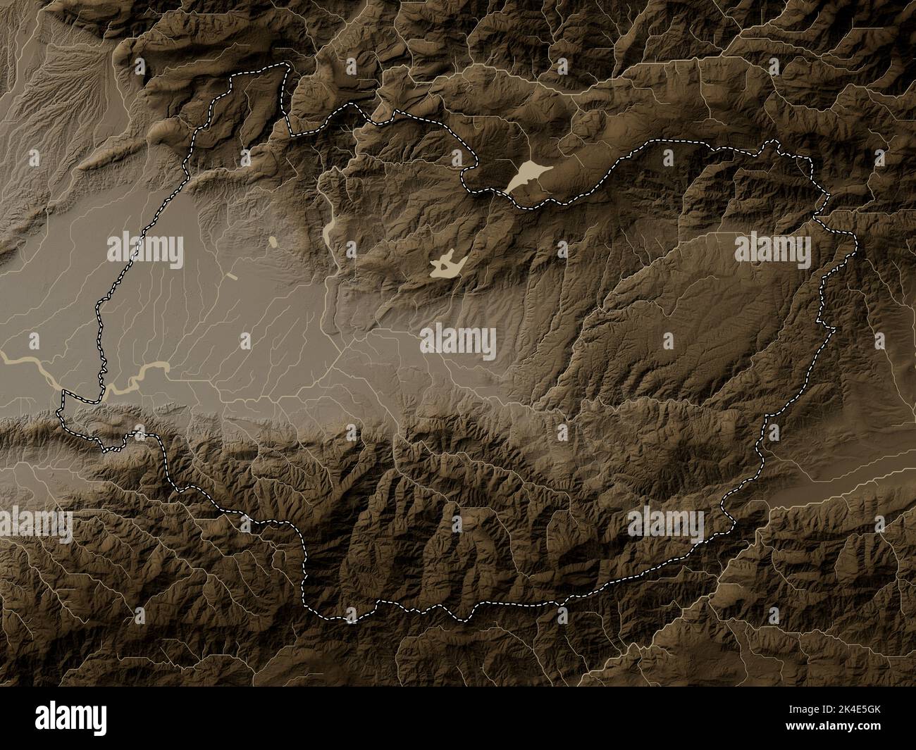 Imereti, region of Georgia. Elevation map colored in sepia tones with lakes and rivers Stock Photo