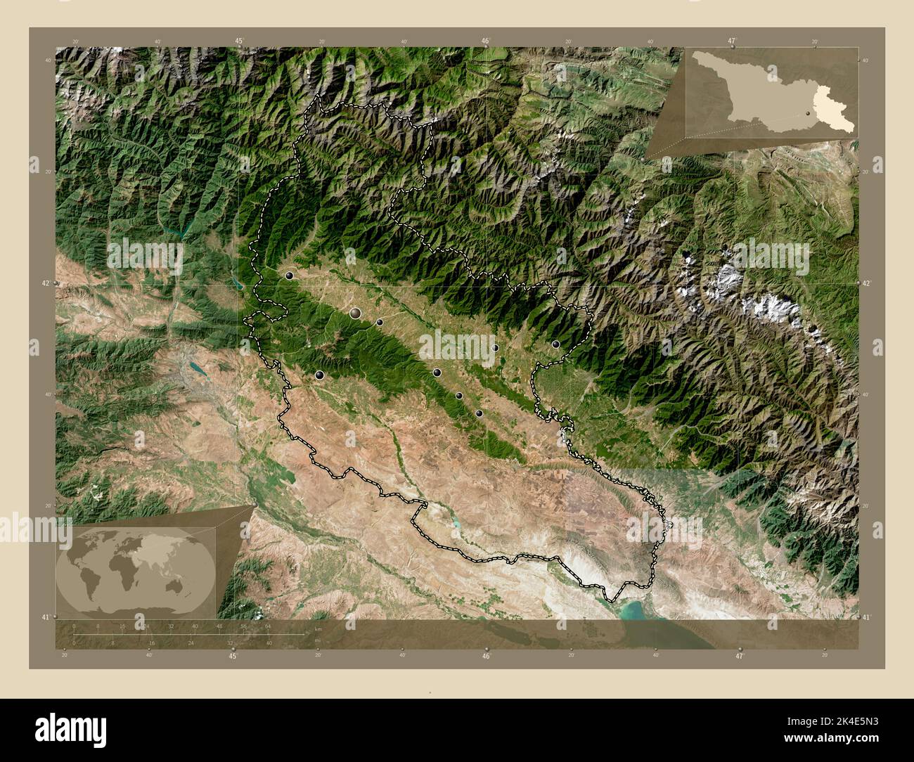 Kakheti, region of Georgia. High resolution satellite map. Locations of major cities of the region. Corner auxiliary location maps Stock Photo