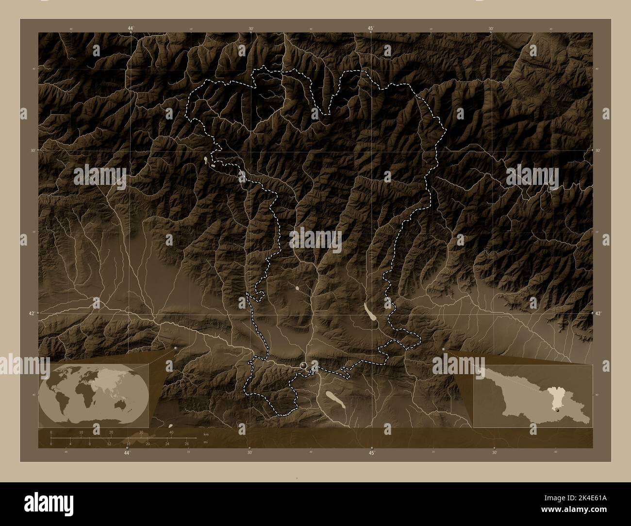 Mtskheta-Mtianeti, region of Georgia. Elevation map colored in sepia ...