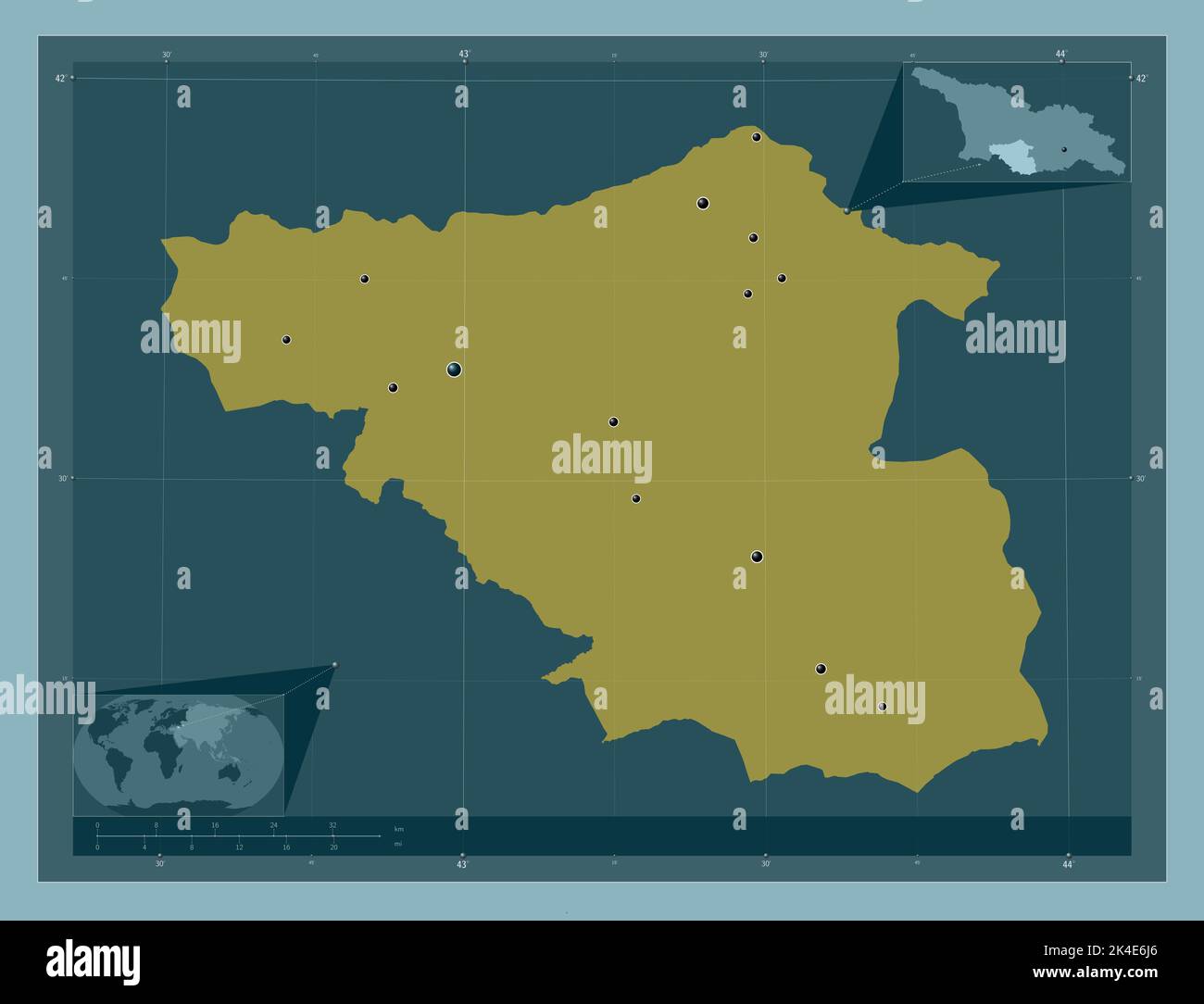 Samtskhe-Javakheti, region of Georgia. Solid color shape. Locations of major cities of the region. Corner auxiliary location maps Stock Photo