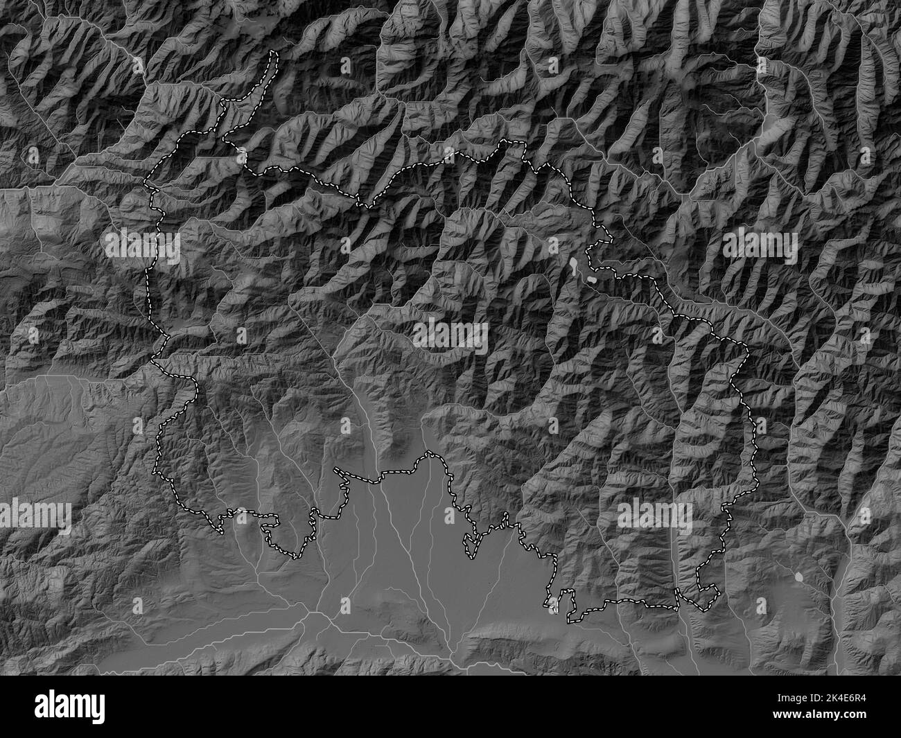 South Ossetia, independent city of Georgia. Grayscale elevation map with lakes and rivers Stock Photo