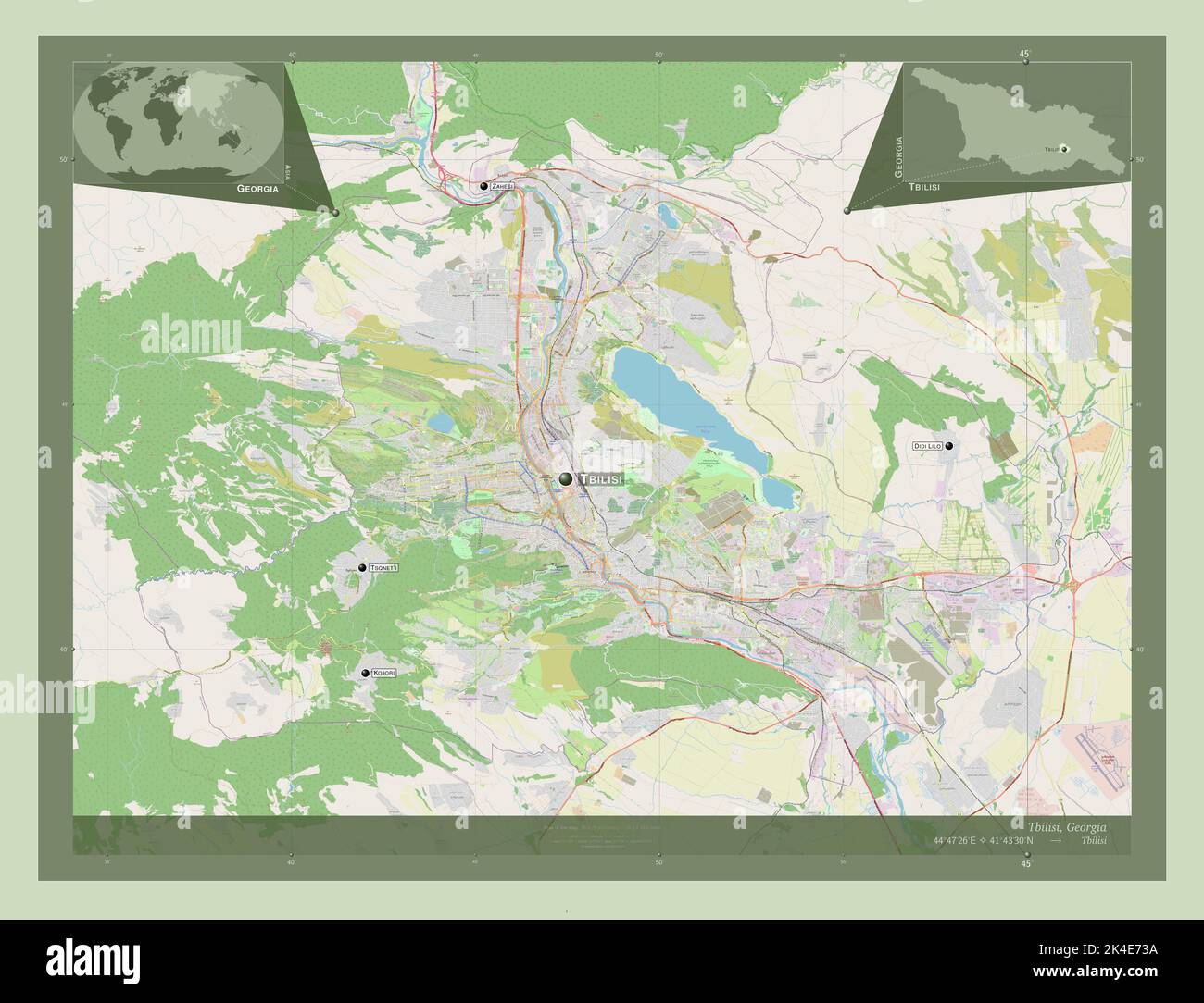 Tbilisi, independent city of Georgia. Open Street Map. Locations and names of major cities of the region. Corner auxiliary location maps Stock Photo