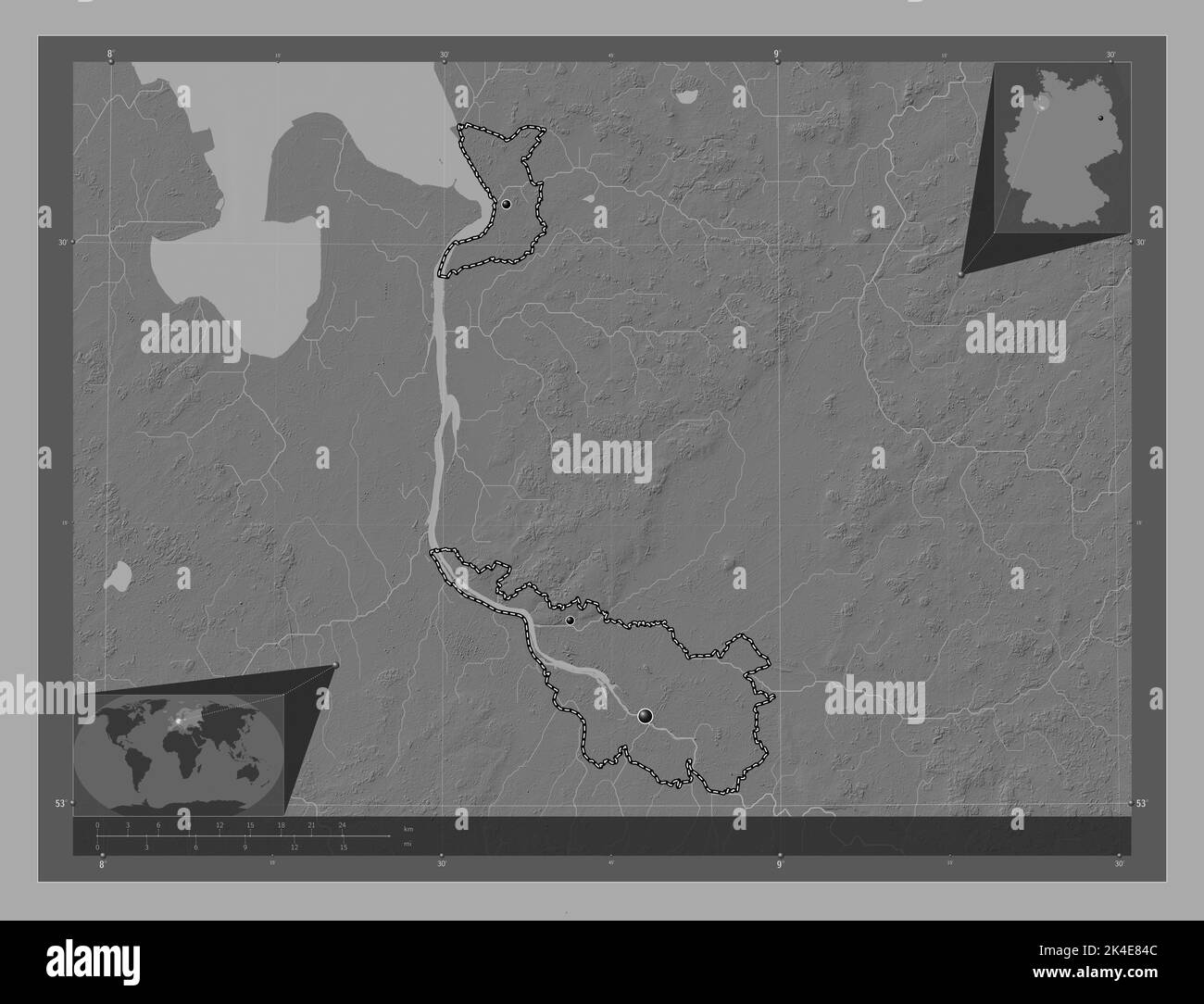 Bremen, state of Germany. Bilevel elevation map with lakes and rivers