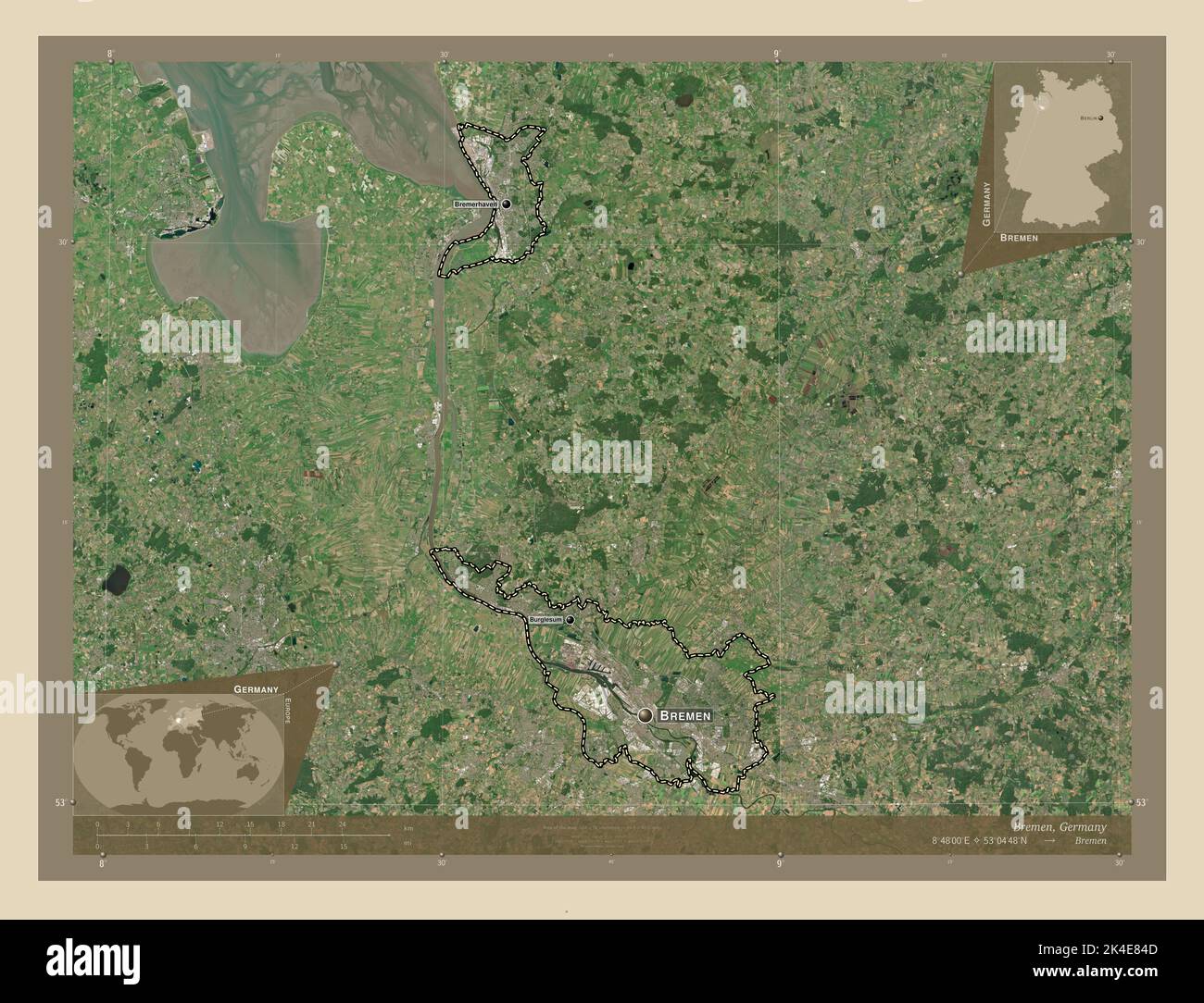 Bremen, state of Germany. High resolution satellite map. Locations and