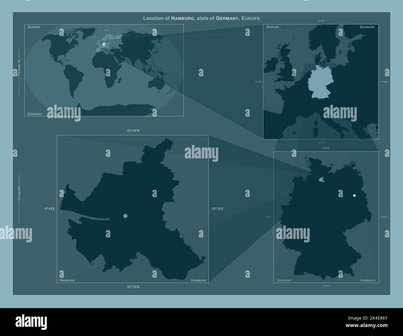 Hamburg, state of Germany. Diagram showing the location of the region on largerscale maps
