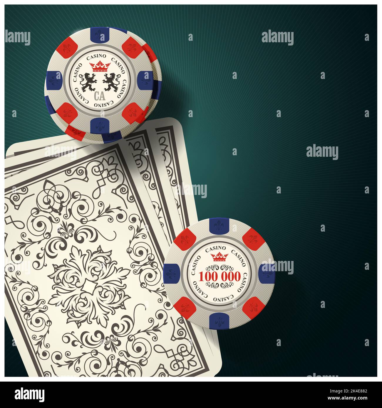 Playing cards back and gambling chips, casino and poker game symbols