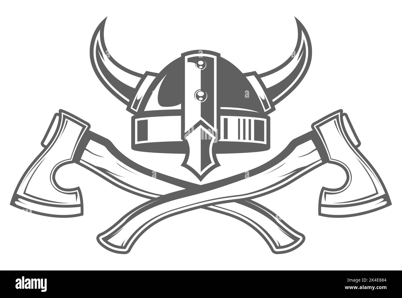 Horned viking helmet and two crossed barbarian axes, scandinavian warrior  armor, vector Stock Vector