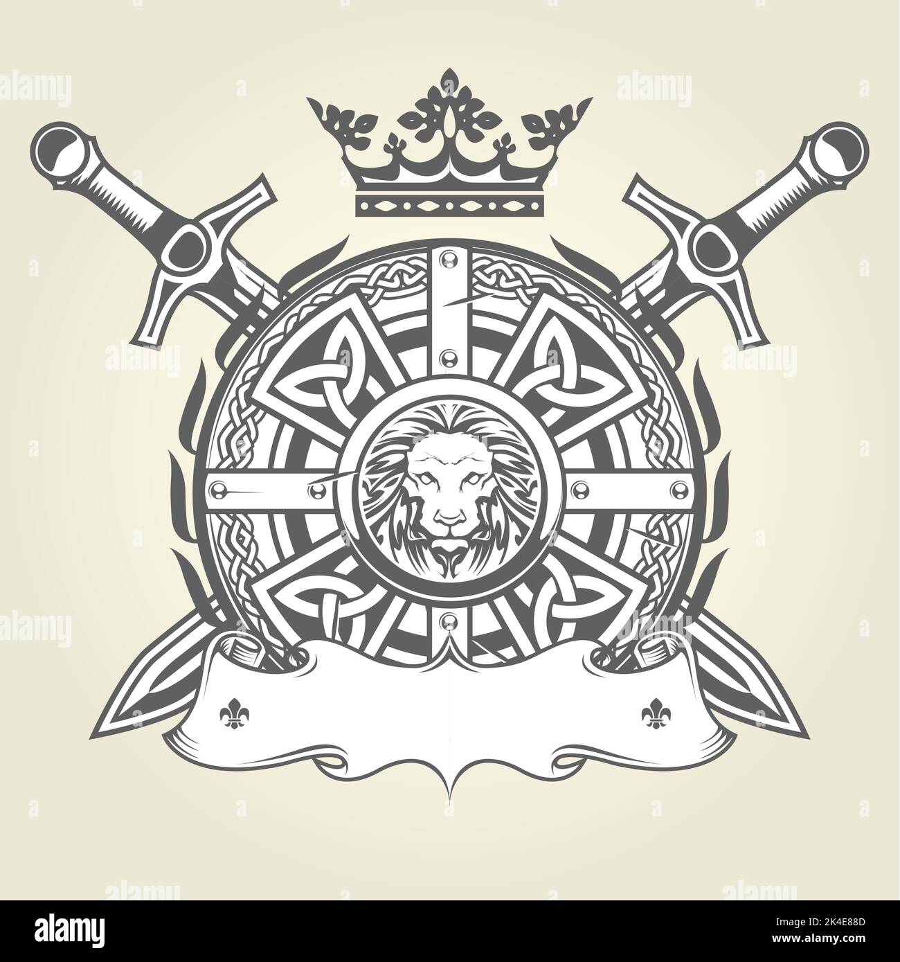 Medieval royal crest with knight armor, ornate shield, crown and crossed, heraldic coat of arms with banner, vector Stock Vector