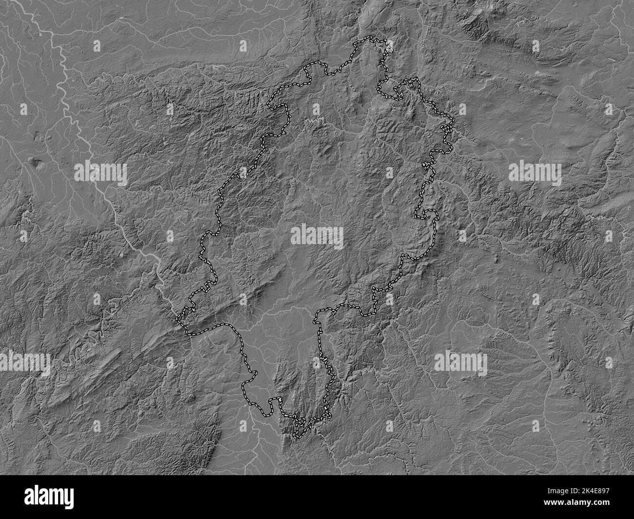 Hessen, state of Germany. Bilevel elevation map with lakes and rivers