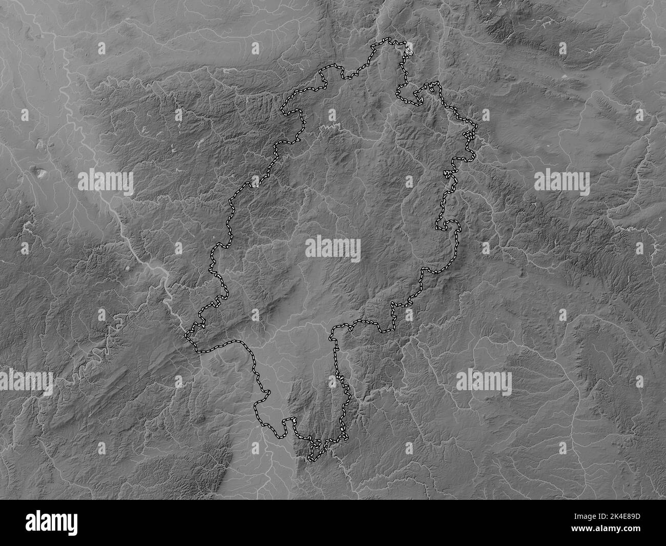 Hessen, state of Germany. Grayscale elevation map with lakes and rivers