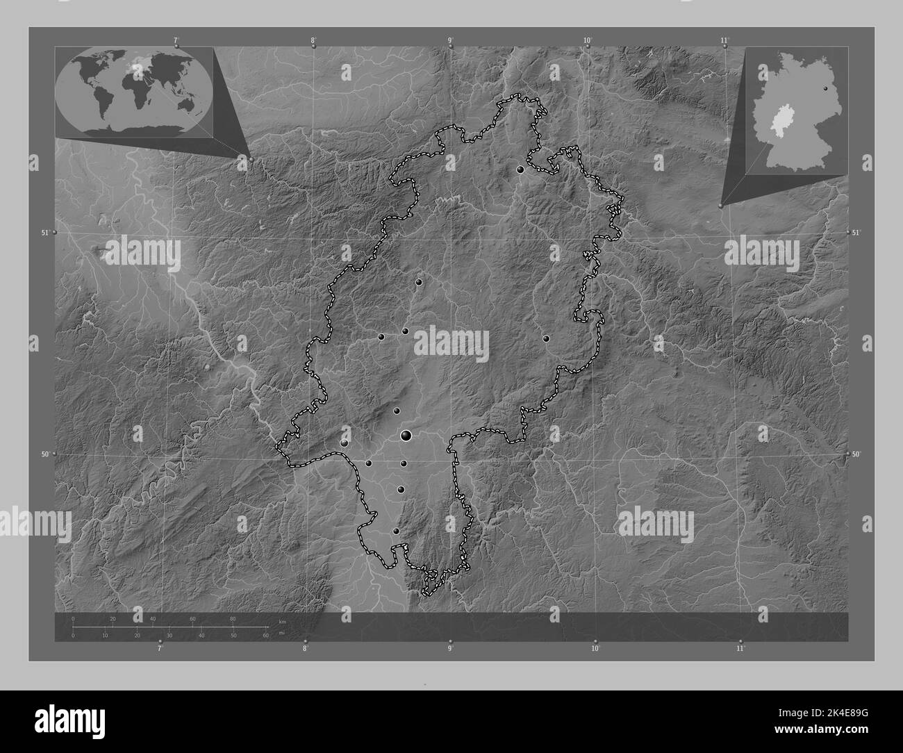 Hessen, state of Germany. Grayscale elevation map with lakes and rivers