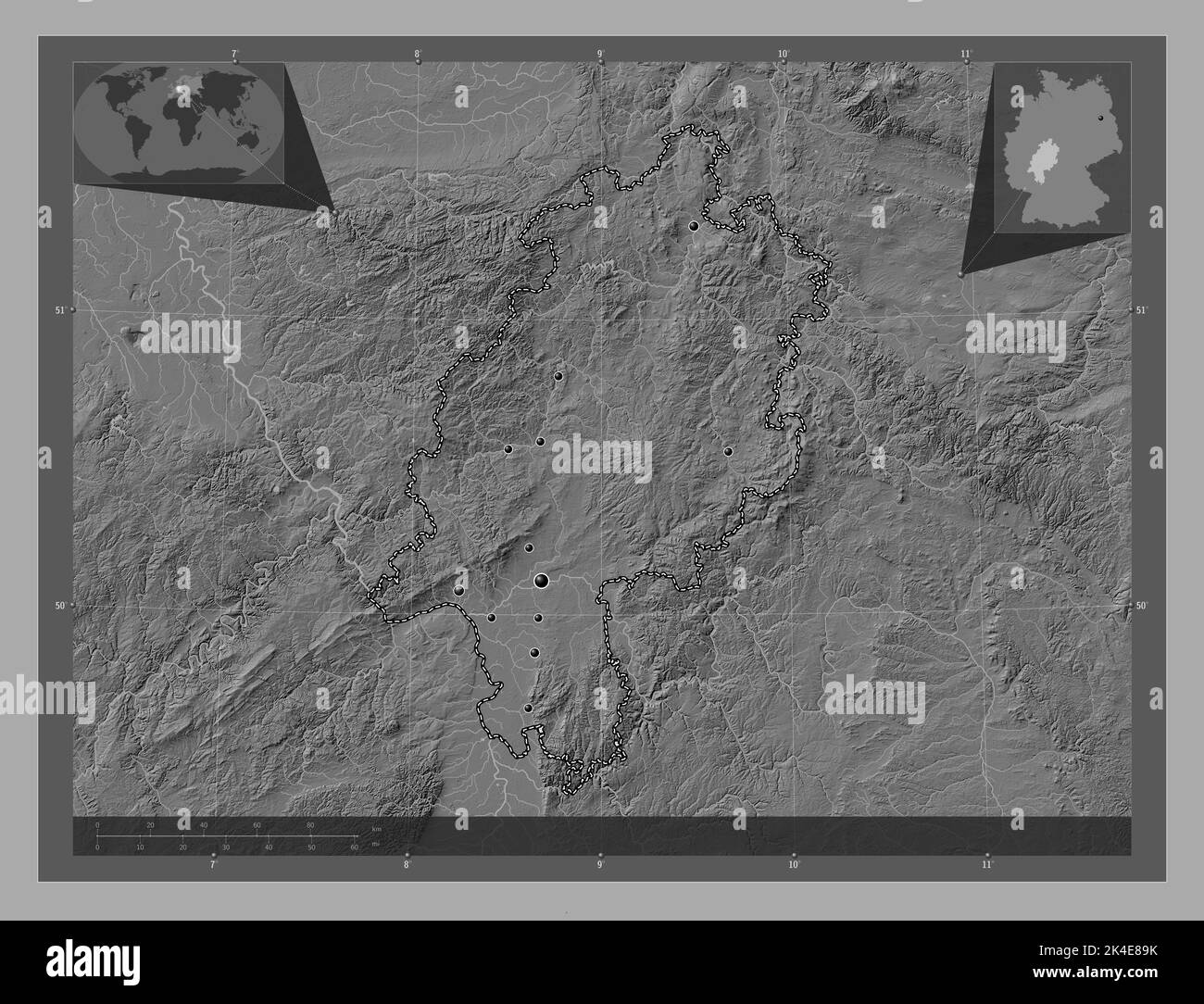 Hessen, state of Germany. Bilevel elevation map with lakes and rivers