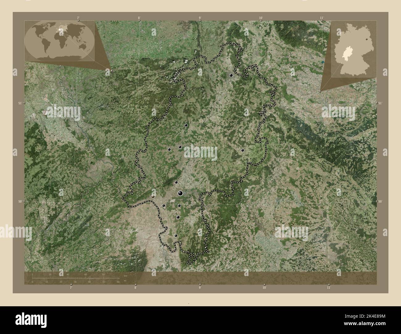 Hessen, state of Germany. High resolution satellite map. Locations of